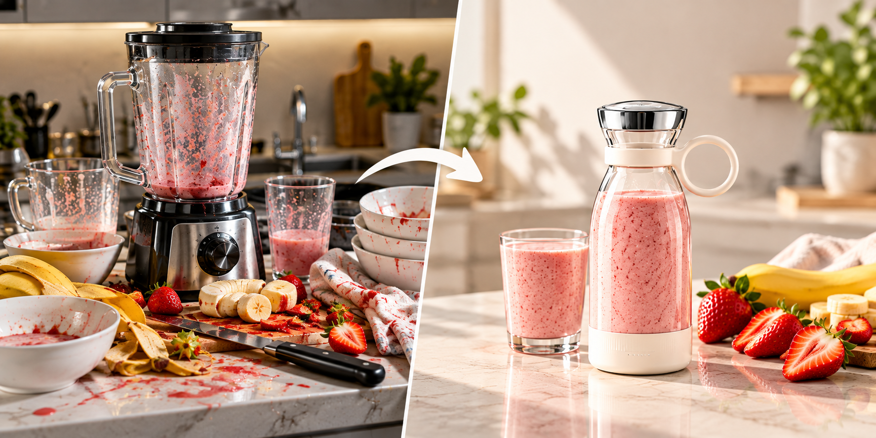 Comparación: preparar un batido con licuadora tradicional (varios utensilios sucios) frente a VitaBlend (un solo recipiente)